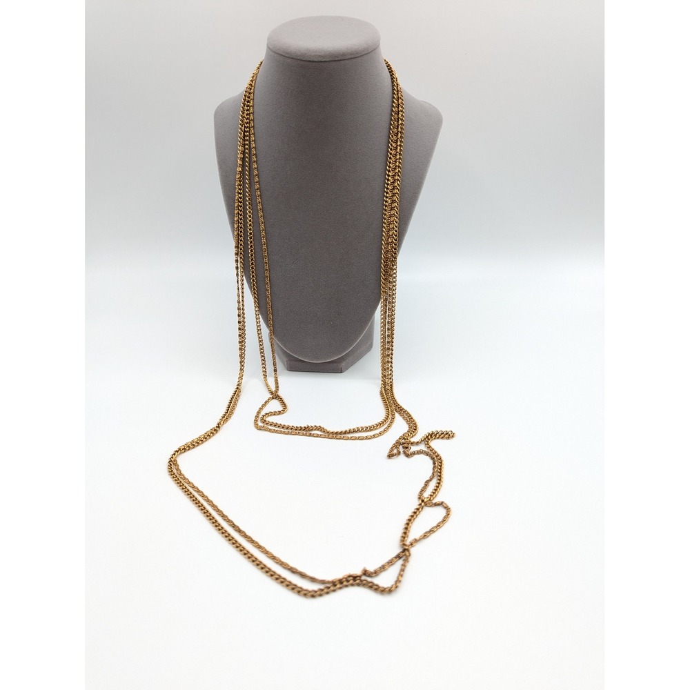 Gold Tone Multi-Strand Curb and S-Link Long Layered Necklace 44 Inch